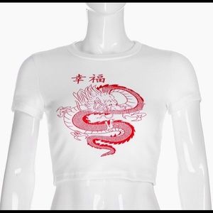 White Chinese Character Dragon Print Crop Top